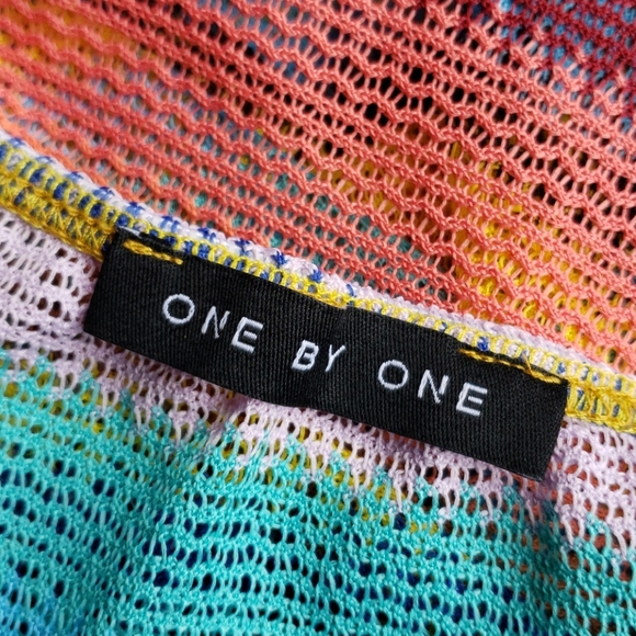 218 ONE BY ONE Striped Crochet Sheer Bodysuit Top sz M Festival Streetwear - Picture 4 of 5